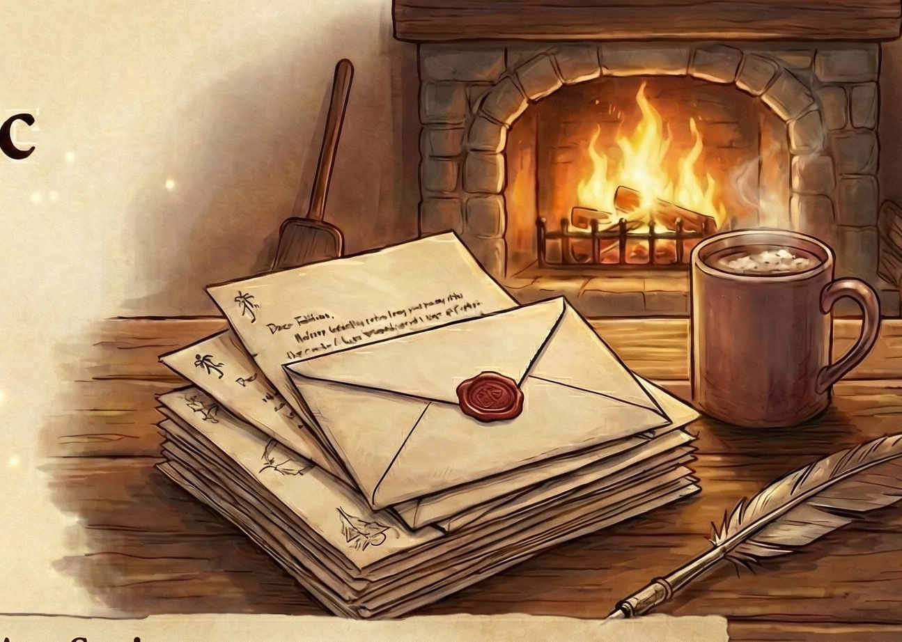 Cozy fireplace scene with handwritten letters, a quill pen, and a warm mug of cocoa
