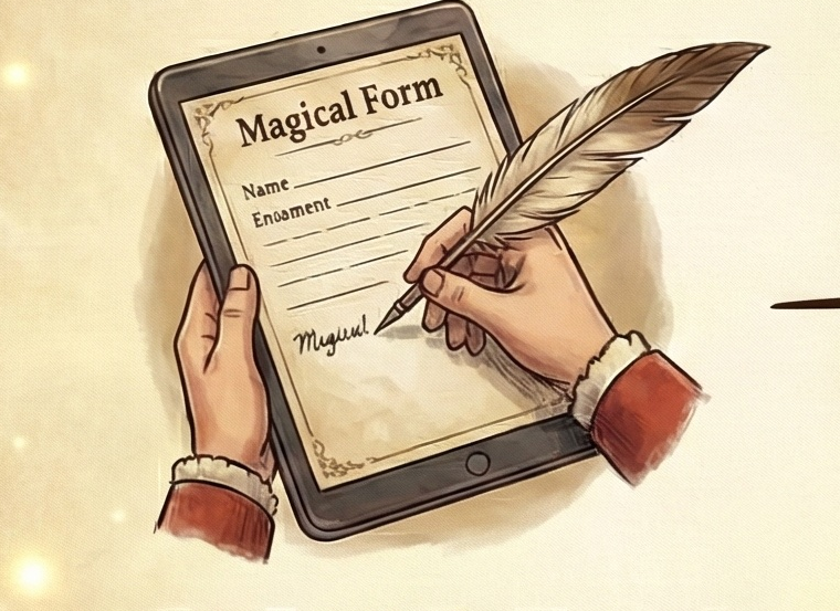 Magical form on tablet with quill pen