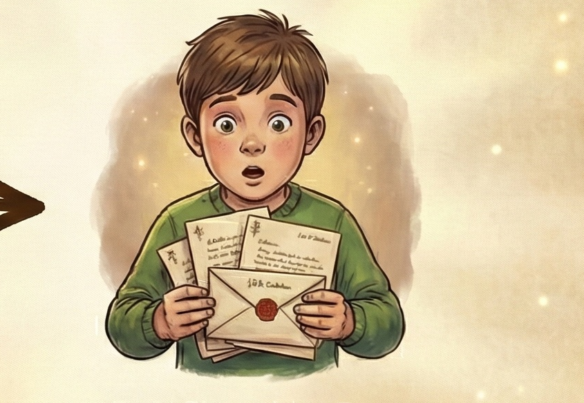 Excited boy receiving letters from Father Christmas